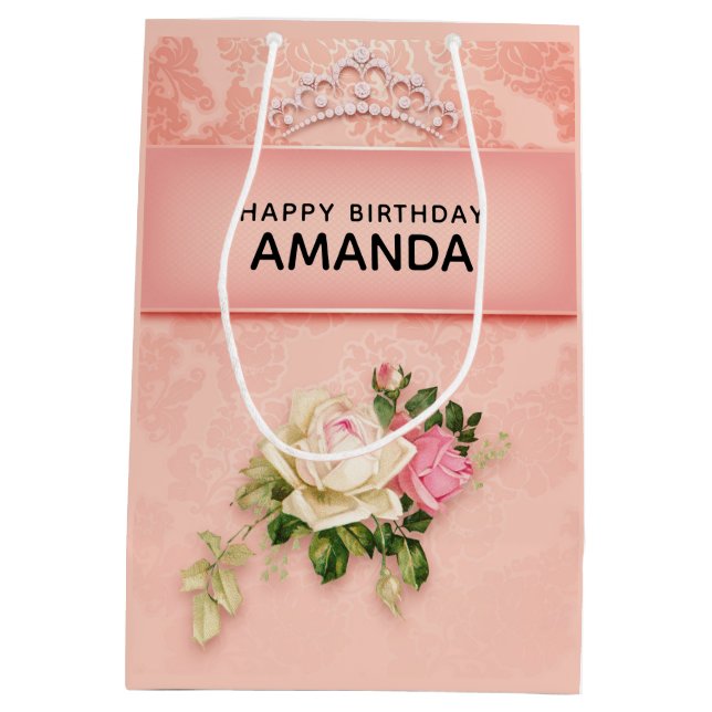 Bolsa De Regalo Mediana Floral rosa con diseño de princesa Diamond Tiara (Reverso)