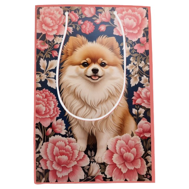 Bolsa De Regalo Mediana Floral rosa de perro de Pomerania (Anverso)