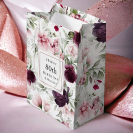 Bolsa De Regalo Mediana Floral rosa y borgoñona 80 cumpleaños