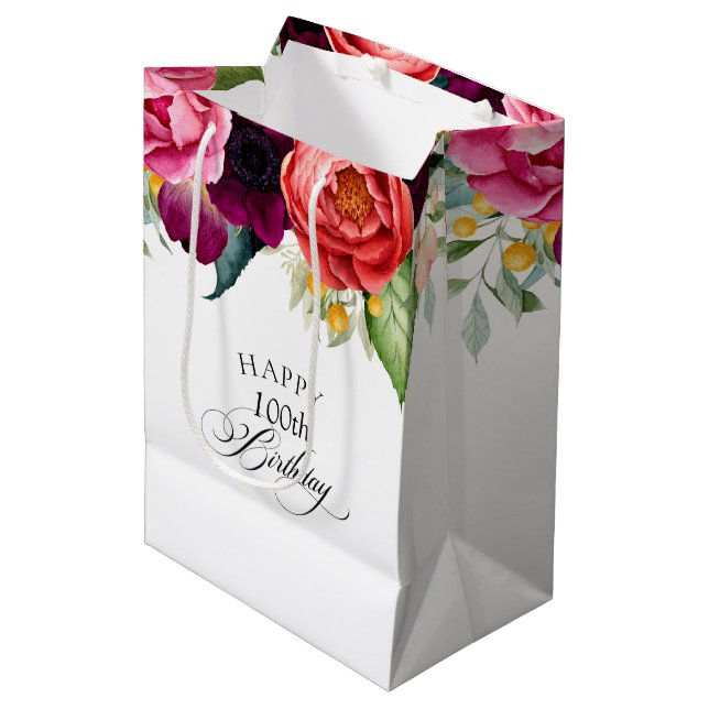 Bolsa De Regalo Mediana Floral rústica Boho 100 cumpleaños (Angulo Anverso)
