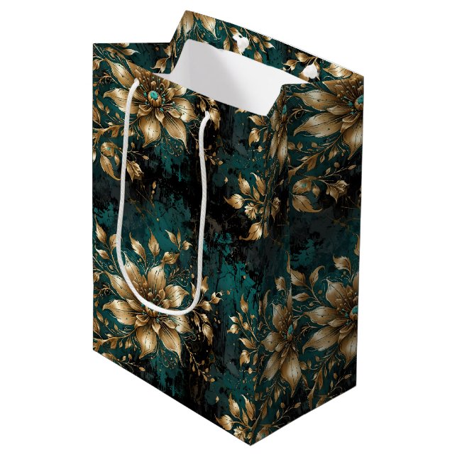 Bolsa De Regalo Mediana Floral verde azulada y dorada (Angulo Anverso)