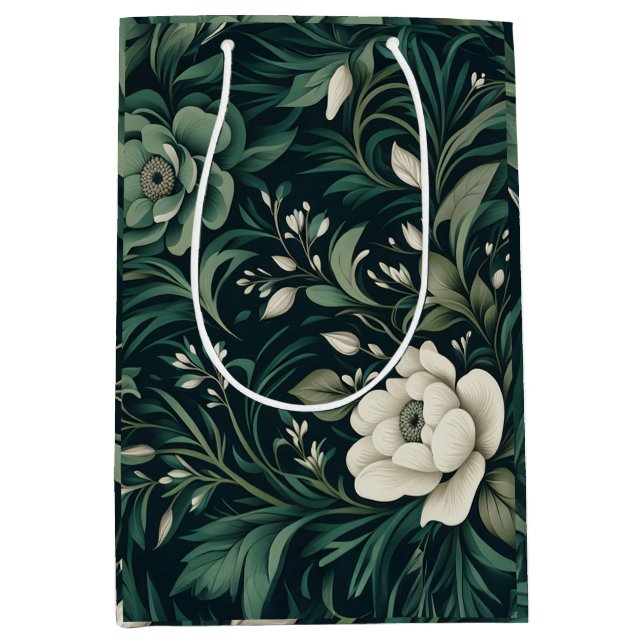 Bolsa De Regalo Mediana Floral verde de esmeralda oscura (Anverso)
