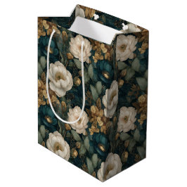 Bolsa De Regalo Mediana Floral Verde Dorado y Crema Navidad de Lujo