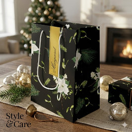 Bolsa de regalo mediana floral verde y blanca con
