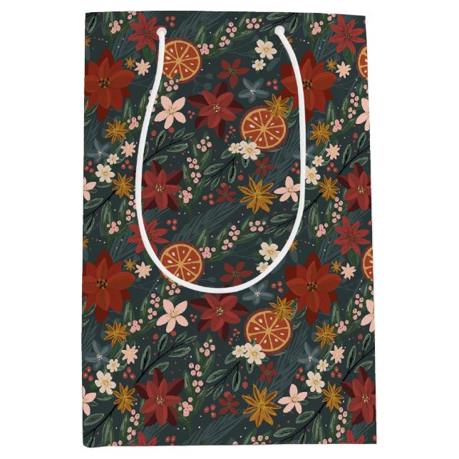 Bolsa De Regalo Mediana Florales de invierno ventilado a mano verde oscuro (Anverso)