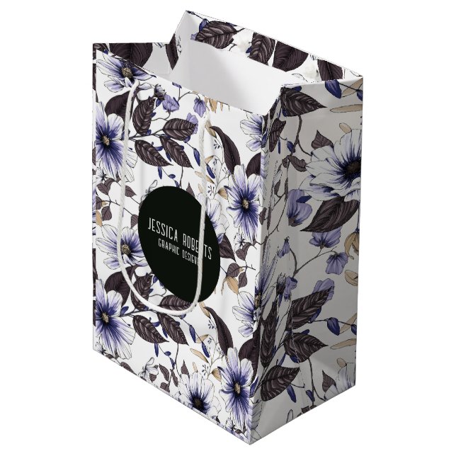 Bolsa De Regalo Mediana Flores azules claras con hojas verdes sin costura (Angulo Anverso)