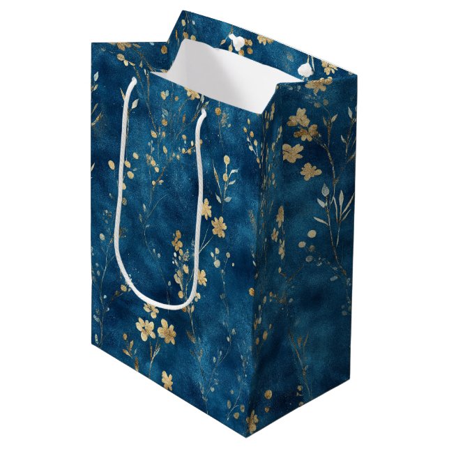 Bolsa De Regalo Mediana Flores Azules Doradas Despedida de Soltera (Angulo Anverso)
