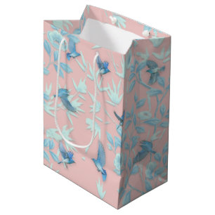 Bolsa De Regalo Mediana flores azules y pájaro ,Color claro del fondo del