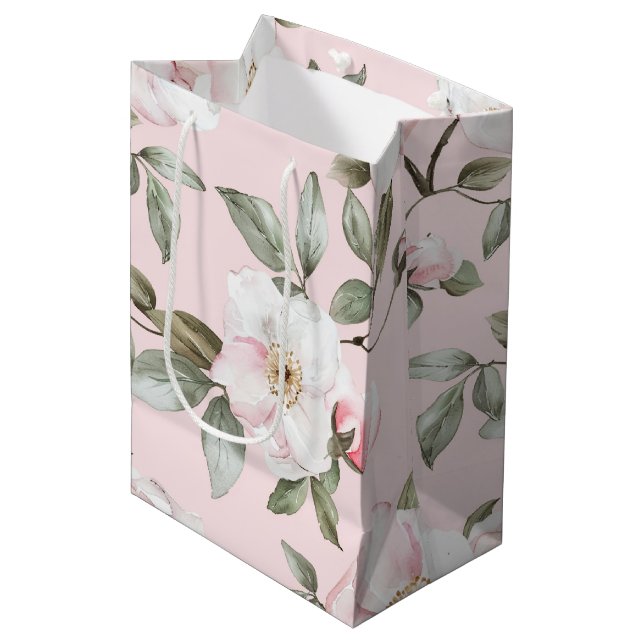 Bolsa De Regalo Mediana Flores Blancas Rosadas Bonitas Baño de Novia (Angulo Anverso)