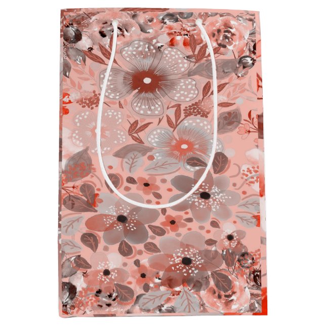 Bolsa De Regalo Mediana Flores blancas y moradas sobre un patrón rosa (Anverso)