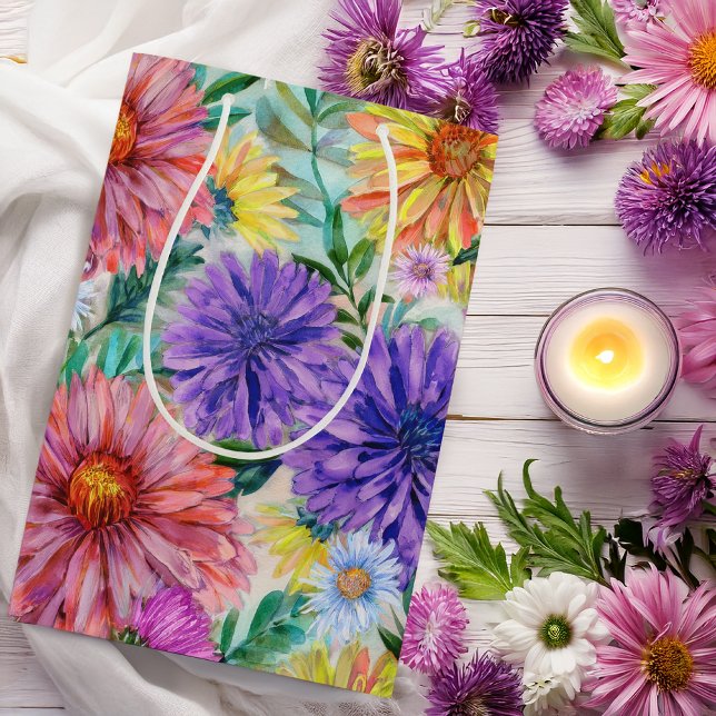Bolsa De Regalo Mediana Flores Boho Aster Floral (Boho Aster Flowers Floral Gift Bag -- Bridal Shower, Birthdays, Weddings, Baby Showers and More)