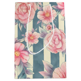 Bolsa De Regalo Mediana Flores color de agua rosada en franjas