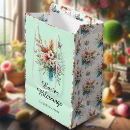 Bolsa De Regalo Mediana Flores Cruz Acuarela Verde Pascua Cristiana 
