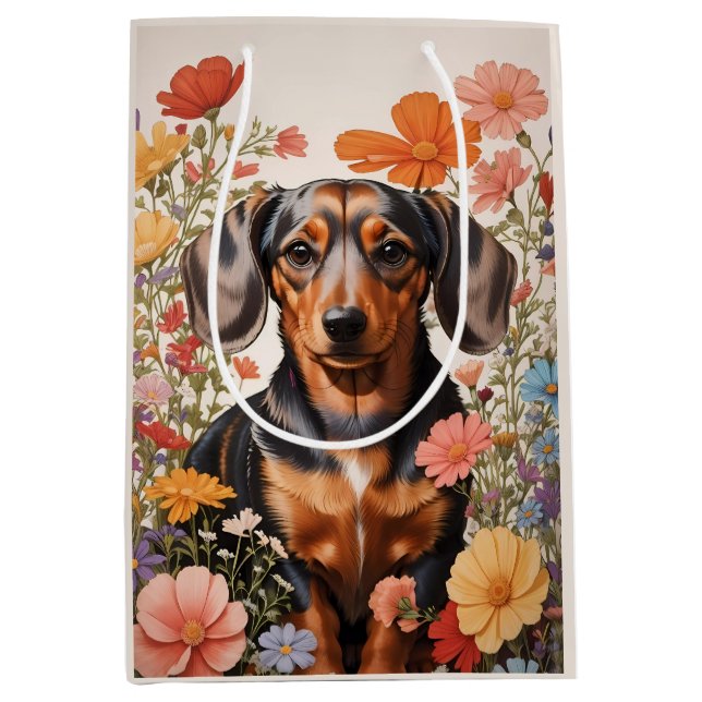 Bolsa De Regalo Mediana Flores Cute Brown Dachshund Y Cosmos (Anverso)