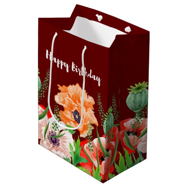 Bolsa De Regalo Mediana Flores de amapola feliz cumpleaños (Angulo Anverso)