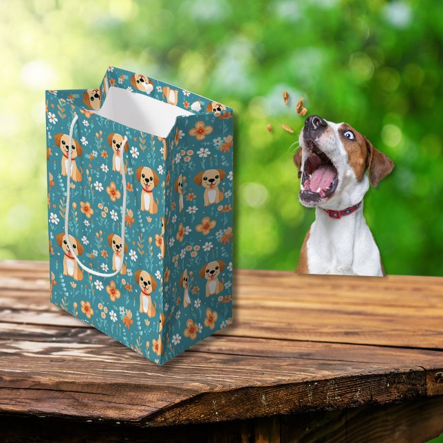 Bolsa De Regalo Mediana Flores de cachorro Naranja (Cute Orange Puppy Flowers Medium Gift Bag)