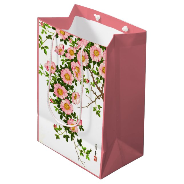Bolsa De Regalo Mediana Flores de cerezo japonesas, rosa y oro (Angulo Anverso)