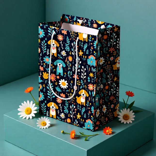 Bolsa De Regalo Mediana Flores de cigalas azules (Cute Puppy Floral Pattern Dog Lover Medium Gift Bag)