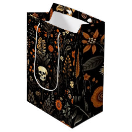 Bolsa De Regalo Mediana Flores de cráneo y vegetación Halloween negro