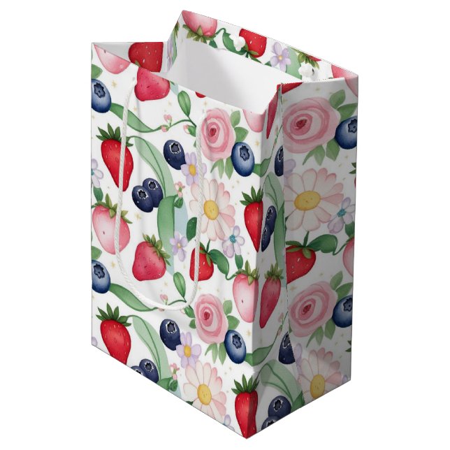 Bolsa De Regalo Mediana Flores de fresa rosa Fiesta de cumpleaños para ell (Angulo Anverso)