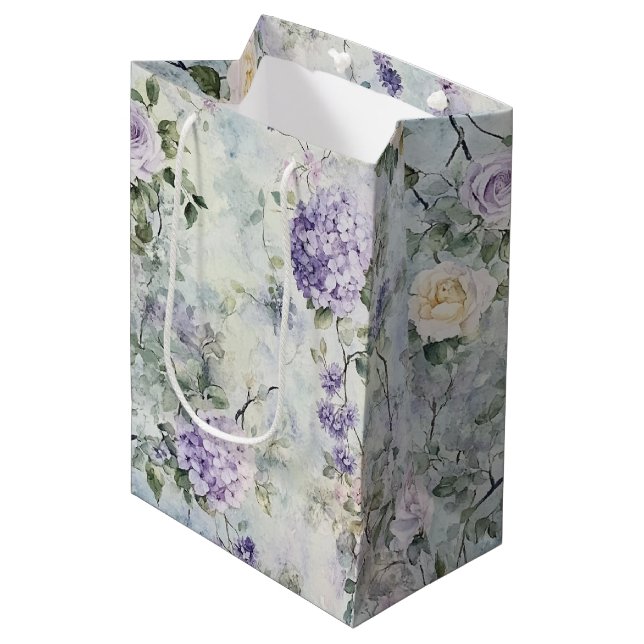 Bolsa De Regalo Mediana Flores de Rosa Lavanda Hermosa Crema para Baby Sho (Angulo Anverso)
