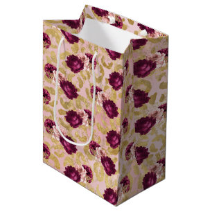Bolsa De Regalo Mediana Flores de rosas rosadas de leopardo dorado
