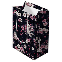 Bolsa De Regalo Mediana Flores de Sakura rosada negra, diseño de patrones,