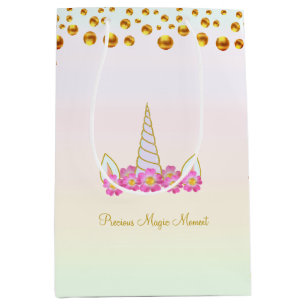 Bolsa De Regalo Mediana Flores de Unicornio Mágico & Confeti de Oro
