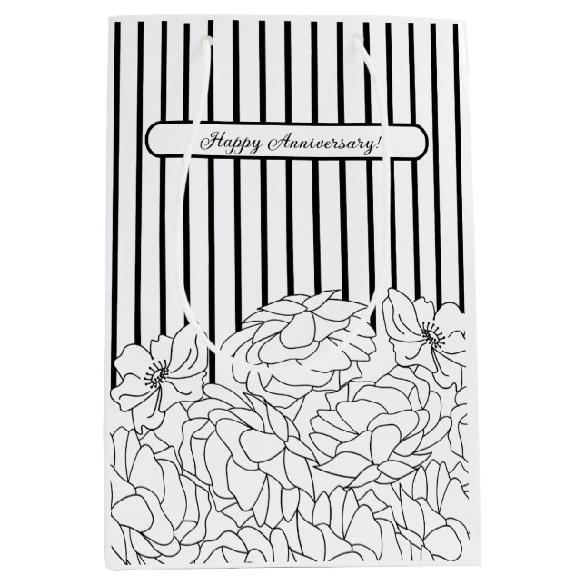 Bolsa De Regalo Mediana Flores negras y blancas con rayas (Anverso)