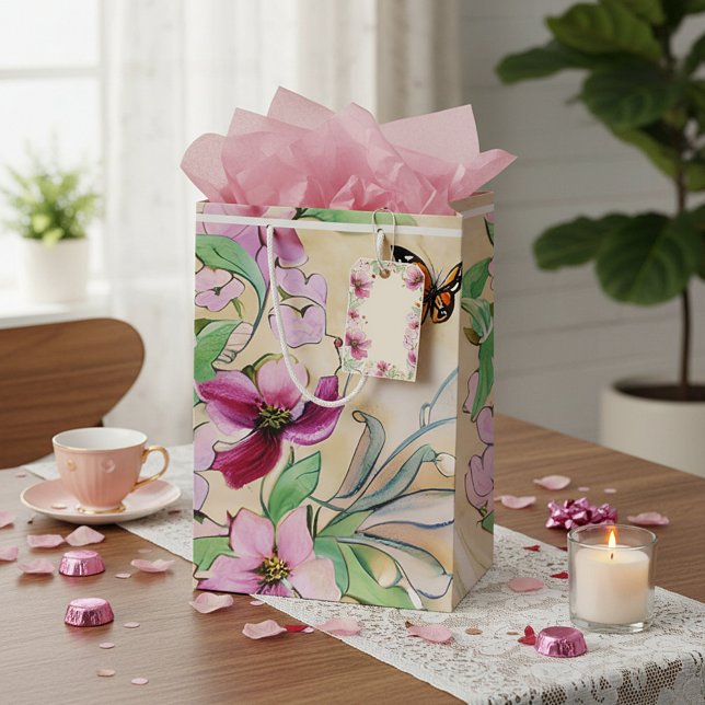 Bolsa De Regalo Mediana Flores púrpuras al acuarela y mariposa (Subido por el creador)