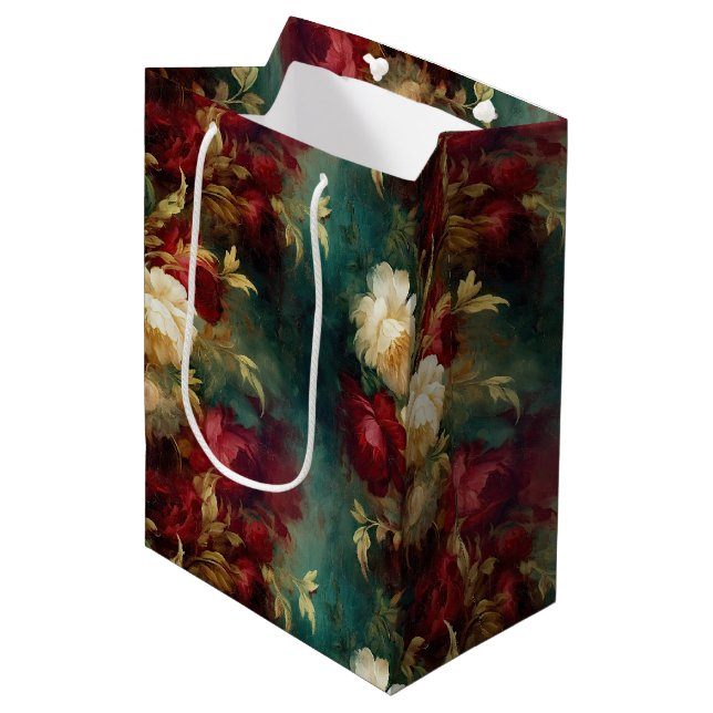 Bolsa De Regalo Mediana Flores Rojas Blancas Doradas Verdes (Angulo Anverso)