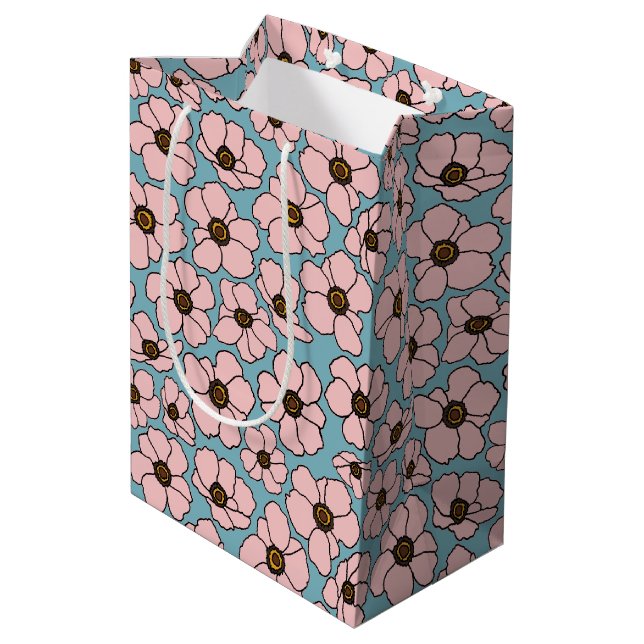 Bolsa De Regalo Mediana Flores rosadas sobre azul (Angulo reverso)