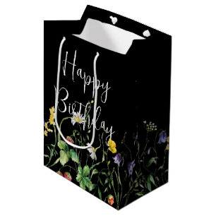 Bolsa De Regalo Mediana Flores silvestres de cumpleaños sobre negro