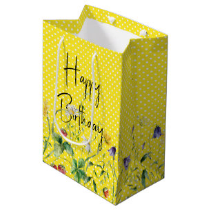 Bolsa De Regalo Mediana Flores silvestres felices de cumpleaños con puntos