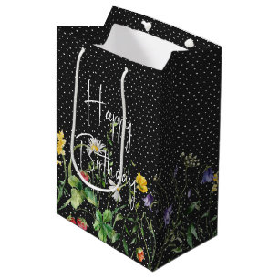 Bolsa De Regalo Mediana Flores silvestres felices de cumpleaños con puntos