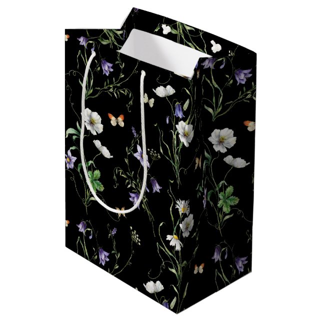 Bolsa De Regalo Mediana Flores silvestres y mariposas en negro (Angulo reverso)