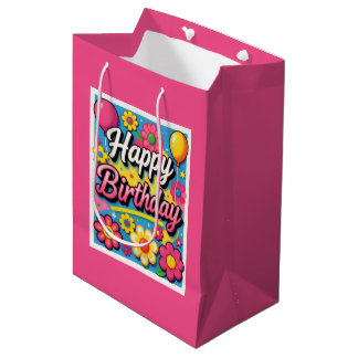 Bolsa De Regalo Mediana Flores y globos brillantes de cumpleaños feliz