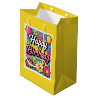 Bolsa De Regalo Mediana Flores y globos de cumpleaños felices brillantes a