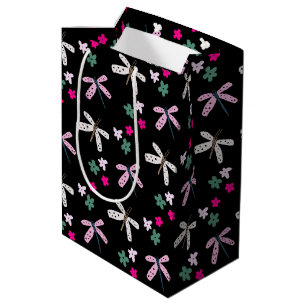 Bolsa De Regalo Mediana Flores y libélulas en negro