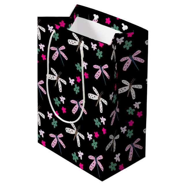 Bolsa De Regalo Mediana Flores y libélulas en negro (Angulo reverso)