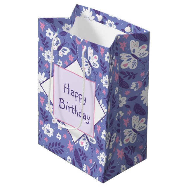 Bolsa De Regalo Mediana Flores y mariposas Cumpleaños (Angulo Anverso)