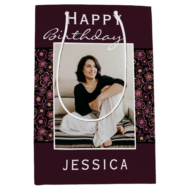 Bolsa De Regalo Mediana Flower Pattern Photo Happy Birday (Anverso)