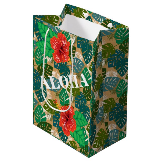 Bolsa De Regalo Mediana Foliage de la selva hawaiana Hibiscus ALOHA (Angulo Anverso)