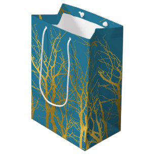 Bolsa De Regalo Mediana Fondo azul del patrón de ramas de árbol de oro