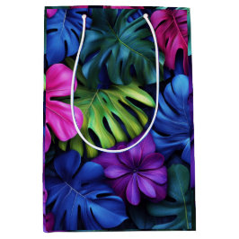 Bolsa De Regalo Mediana Fondo de hojas tropicales de Monstera neón vibrant
