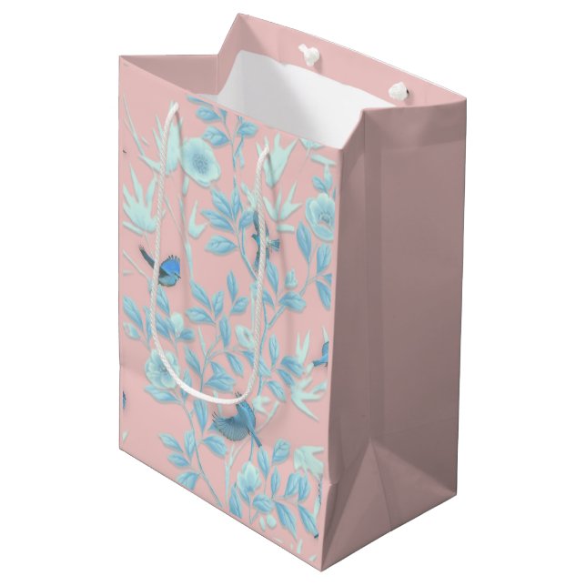 Bolsa De Regalo Mediana Fondo rosa con aves y flores (Angulo Anverso)