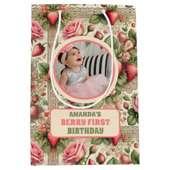 Bolsa De Regalo Mediana Foto de Fiesta de primer cumpleaños de fresa vinta (Anverso)