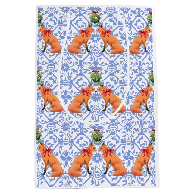 Bolsa De Regalo Mediana Foxes Kissing Under Mistletoe Blue Chinoiserie (Anverso)