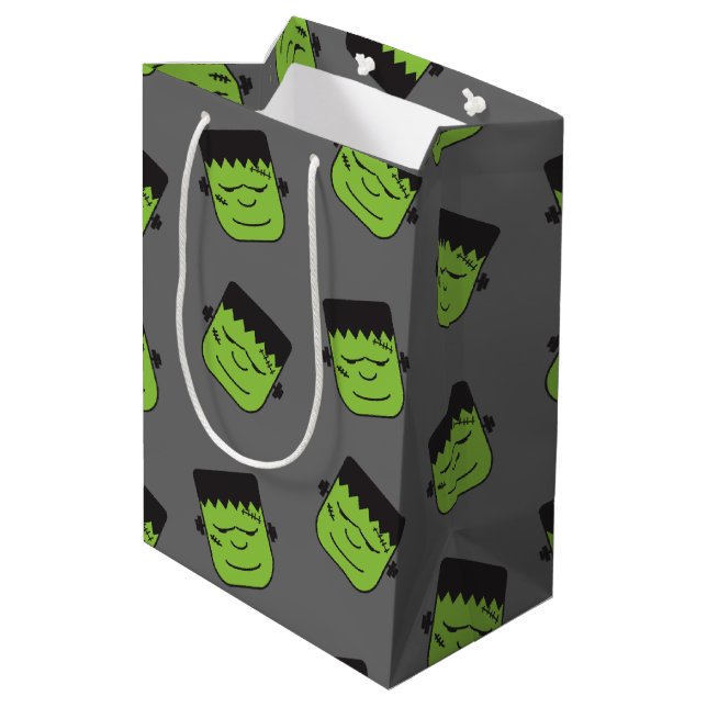 Bolsa De Regalo Mediana Frankenstein verde dirige el modelo Halloween (Angulo reverso)