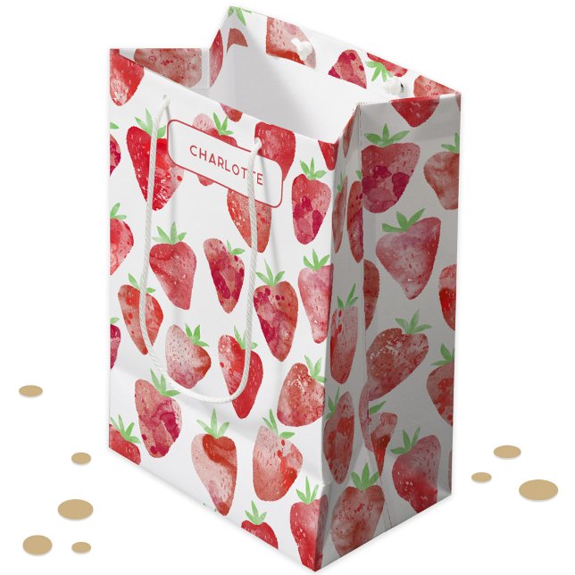Bolsa De Regalo Mediana Fresa acuarela personalizada (Sweet strawberry watercolor pattern personalized name gift bag)